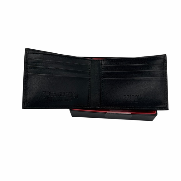 True Religion Black Leather Bifold Wallet RFID New